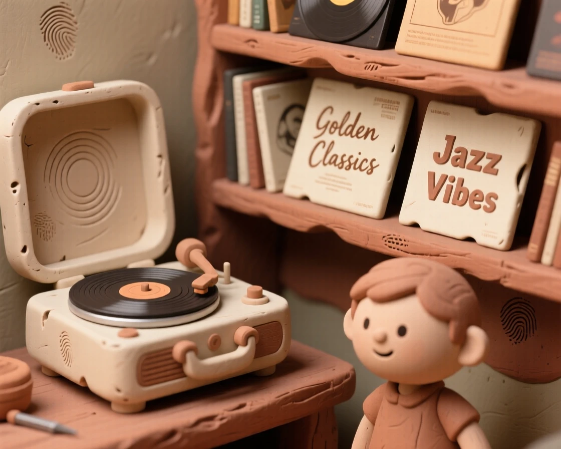 A vintage record player spinning beside a shelf of albums