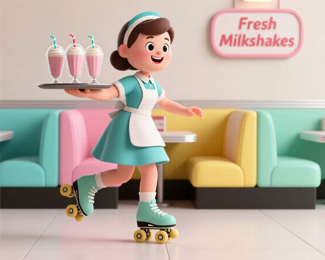 A cheerful 1950s diner waitress balances a tray of milkshakes while roller-skating between colorful booths.