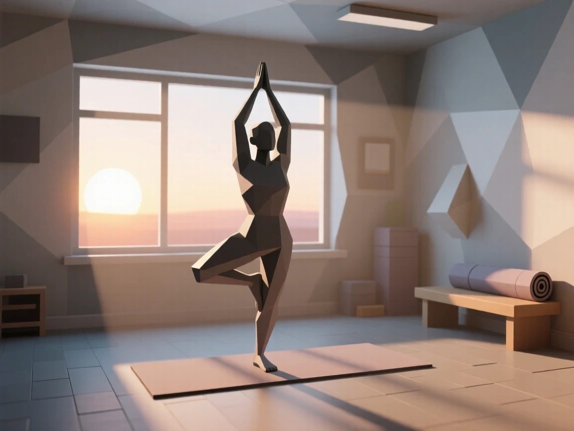 A yogi holding a graceful pose at sunrise, in a cozy sunlit studio. dynamic motion is captured with a clear sense of energy. The mood feels adventurous and free.