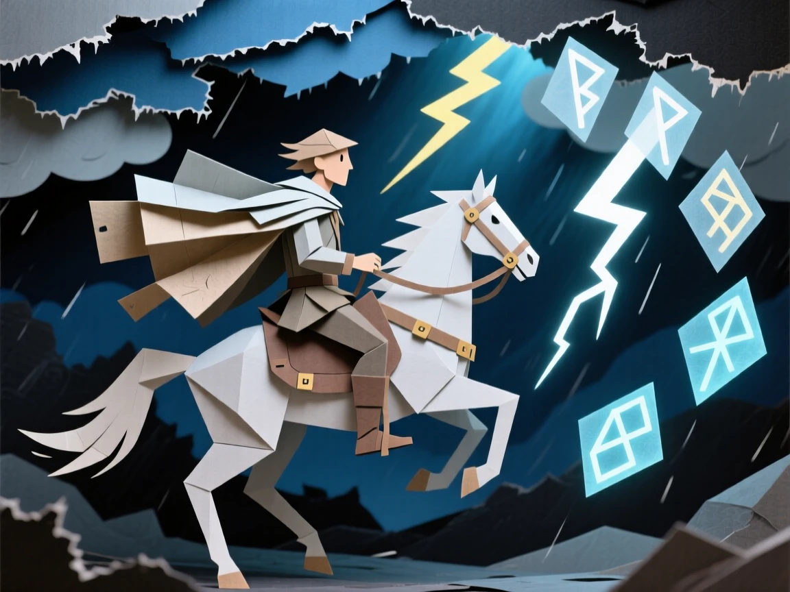 A rogue treasure hunter riding through a storm-lit sky, with ancient runes glowing faintly nearby, evoking ancient power and mystery.