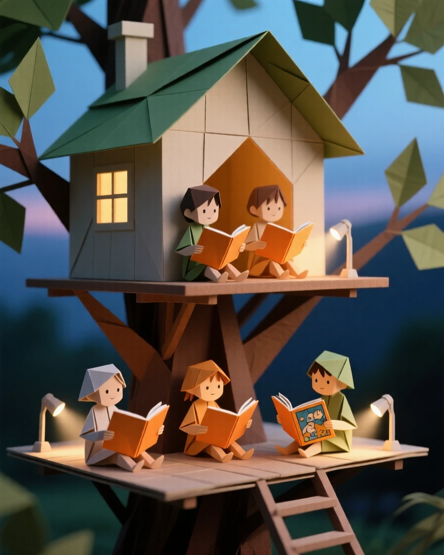 A treehouse full of children reading comic books by flashlight on a summer evening.