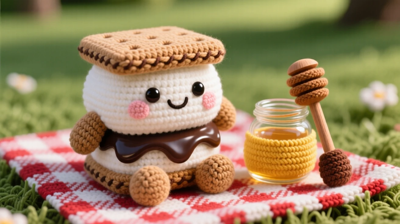 a happy s'more character, with melted chocolate and marshmallow, is shown sandwiched between two graham crackers on a checkered picnic blanket in a park beside a small jar of honey with a wooden dipper, capturing a cozy sense of shared treats.