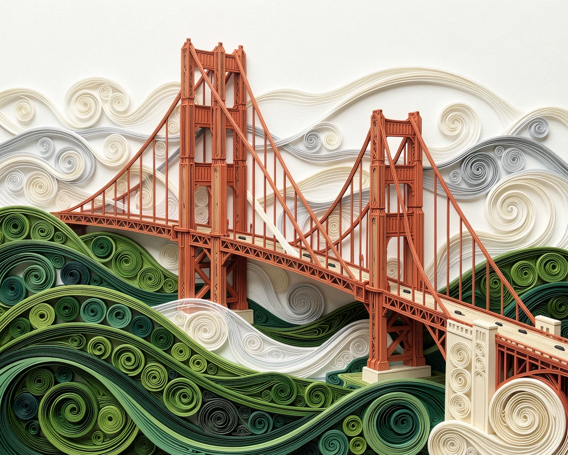 A breathtaking view of the Golden Gate Bridge emerging from rolling fog surrounded by rolling green hills, in warm terracotta and cream architectural tones, composed with strong leading lines drawing the eye inward.