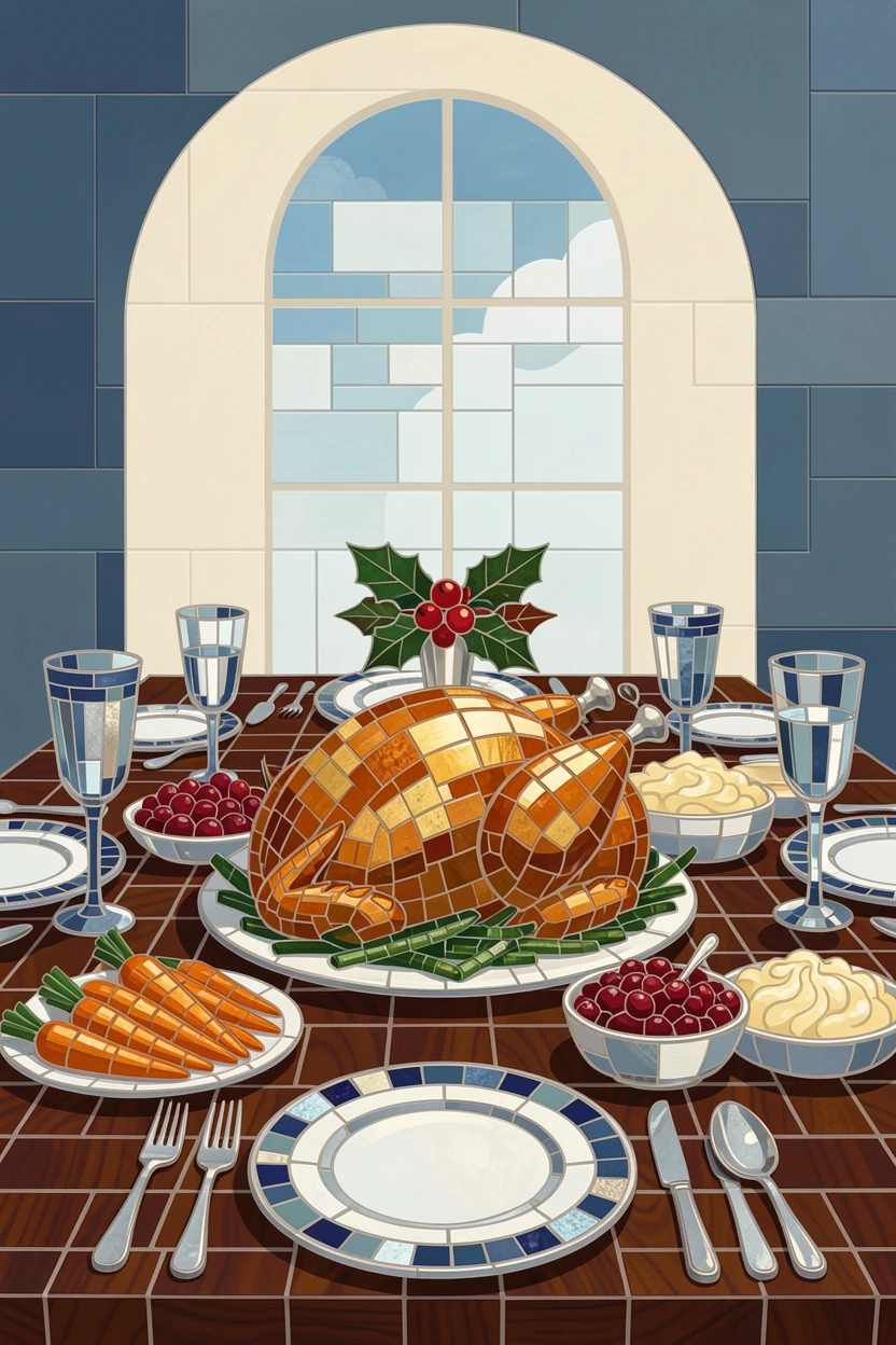 A table set for a festive holiday feast with roasted turkey and sides.
