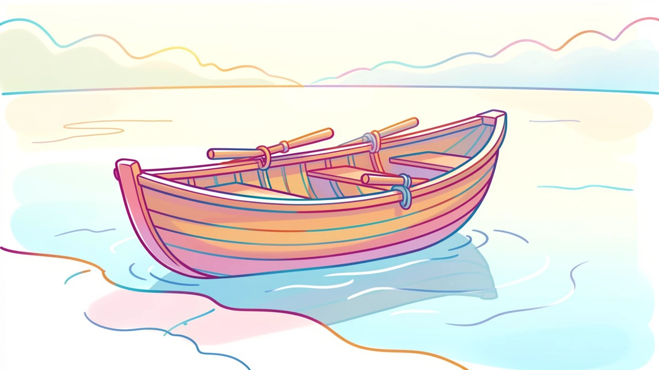 A wooden rowboat resting on the shore of a calm lake at dawn.