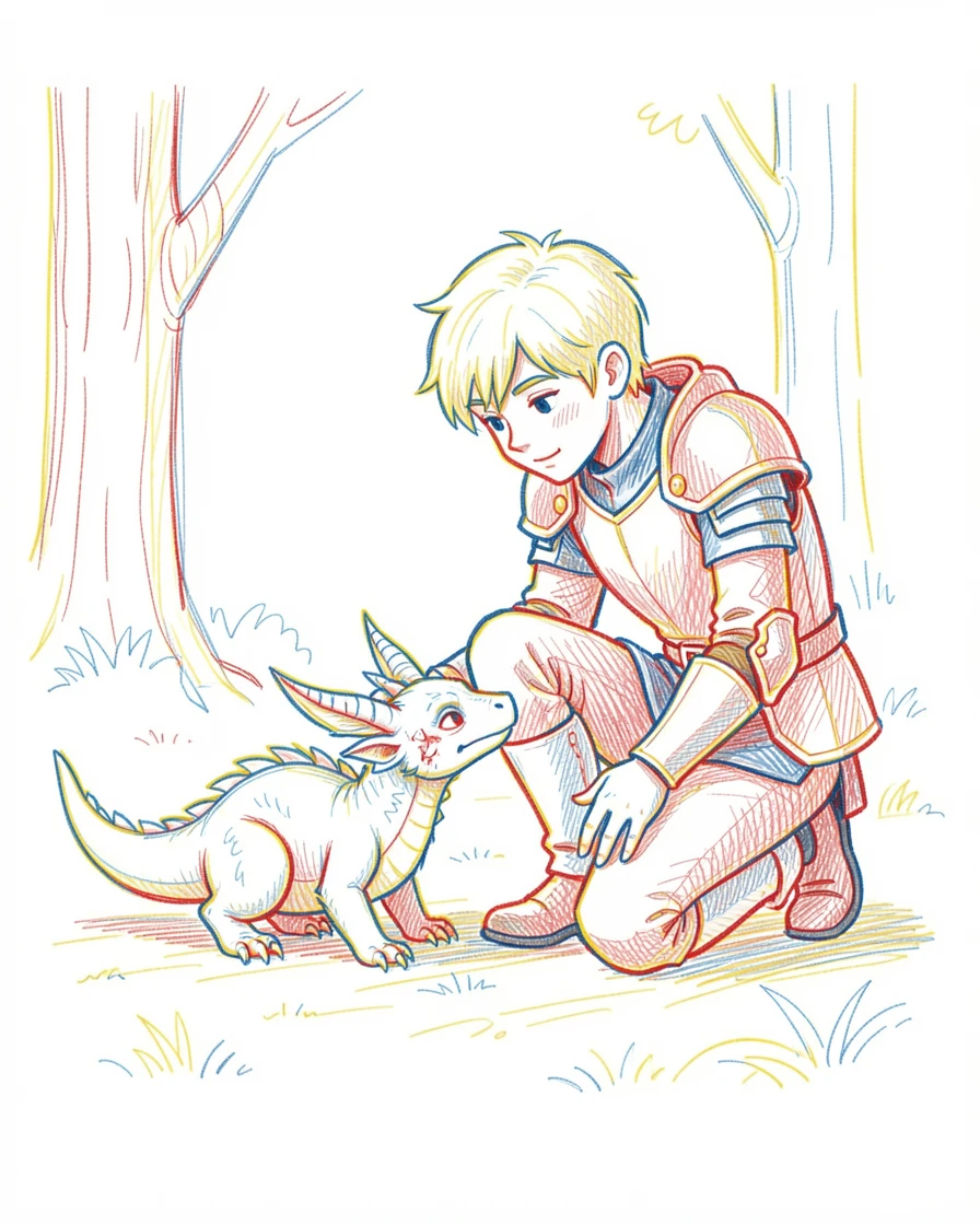 A young knight befriending an injured baby dragon in a forest clearing