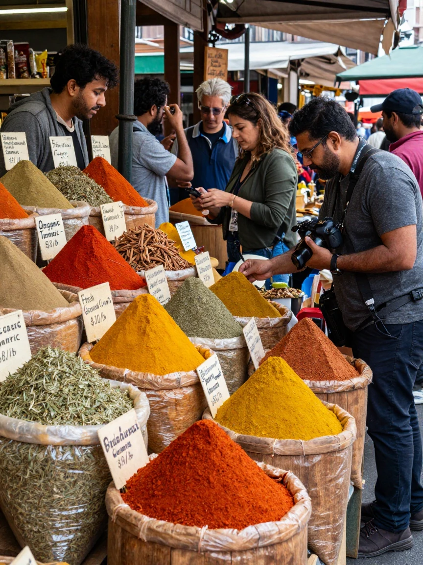 A bustling spice market with vibrant piles of colorful powders