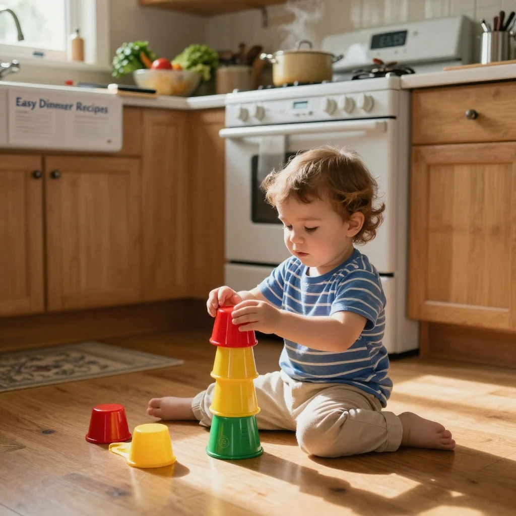 A toddler stacks measuring cups into a tower on the kitchen floor while dinner cooks.