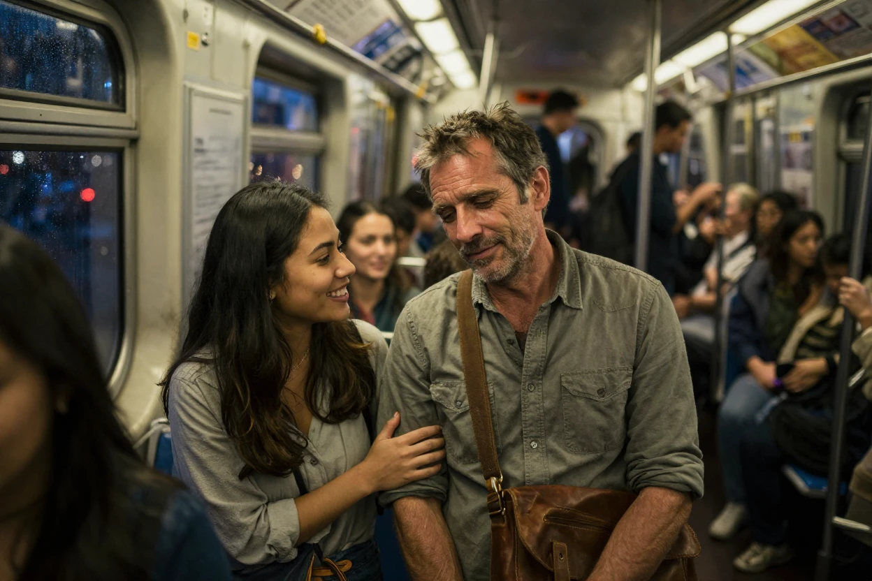 A tired commuter smiling gently at a stranger's small act of kindness