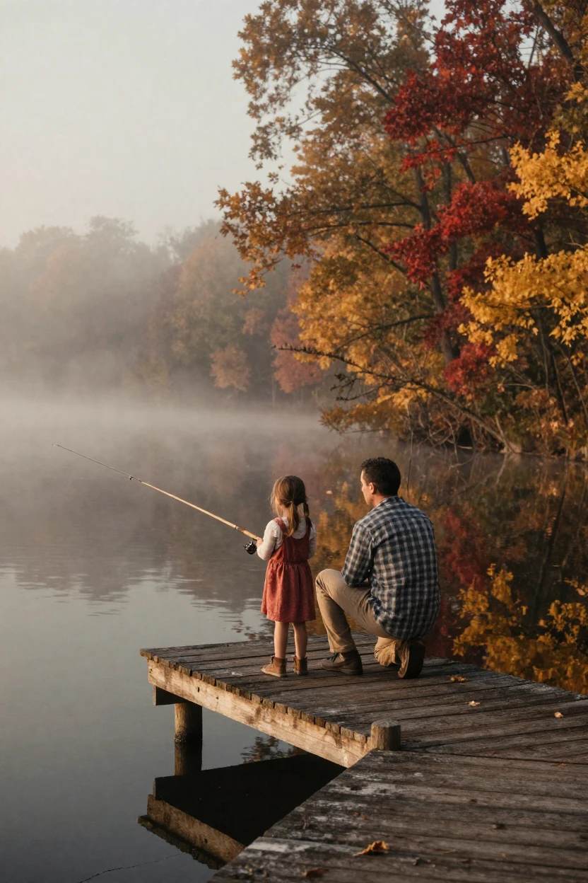 A father and daughter fishing quietly from a wooden dock at dawn, in gentle diffused daylight, in thick rolling fog, as autumn leaves turn gold and red, with muted olive and rust colors, over the shoulder of the main subject.
