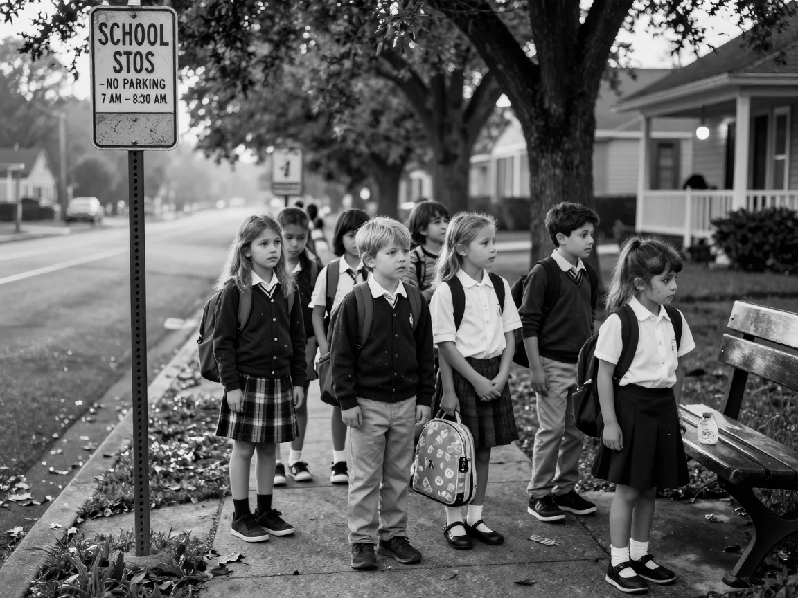 A group of children line up for their first day of school at a bus stop in early morning.