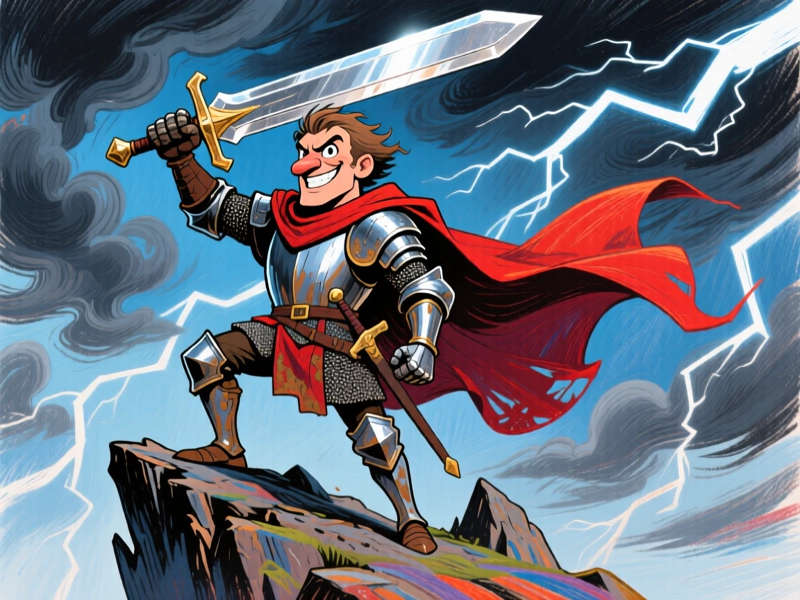 A brave knight standing atop a cliff, cape billowing, sword raised against a stormy sky.