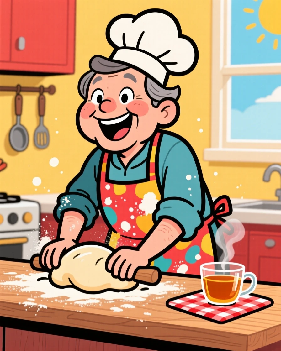 An everyday-life snapshot of an enthusiastic home baker, completely absorbed in the middle of their favorite hobby, with a cup of tea cooling nearby.