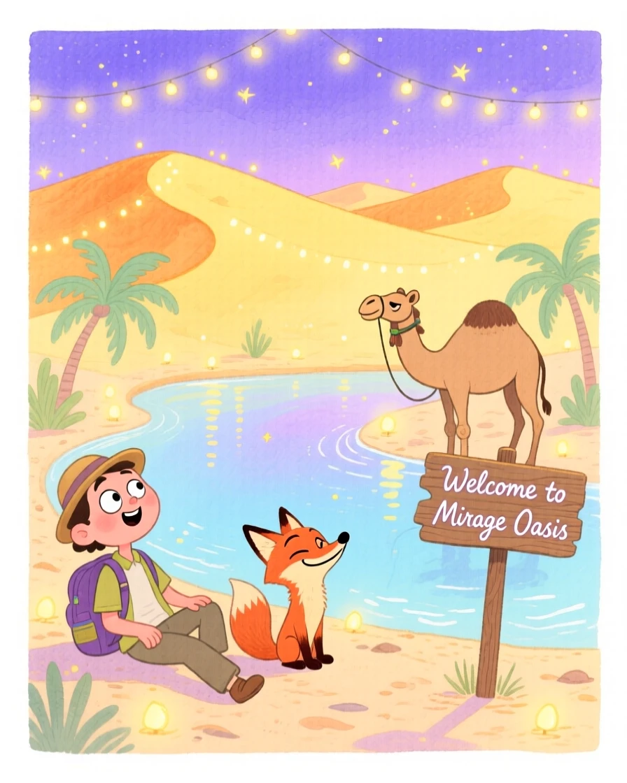 A dreamy travel postcard scene of a desert oasis surrounded by golden sand dunes glowing under twinkling evening lights