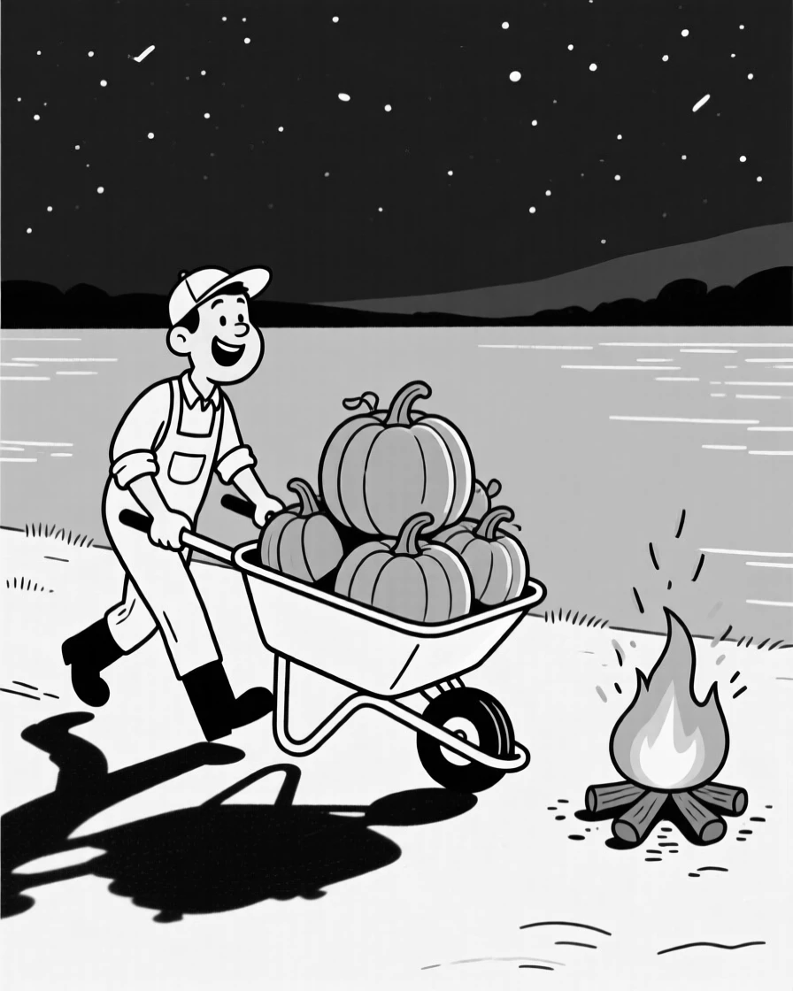 A gardener triumphantly wheelbarrowing a mountain of pumpkins, casting a long, dramatic shadow across the water, set around a crackling campfire. Sparks drift upward into the night sky. There's a fresh, playful energy woven through the moment.