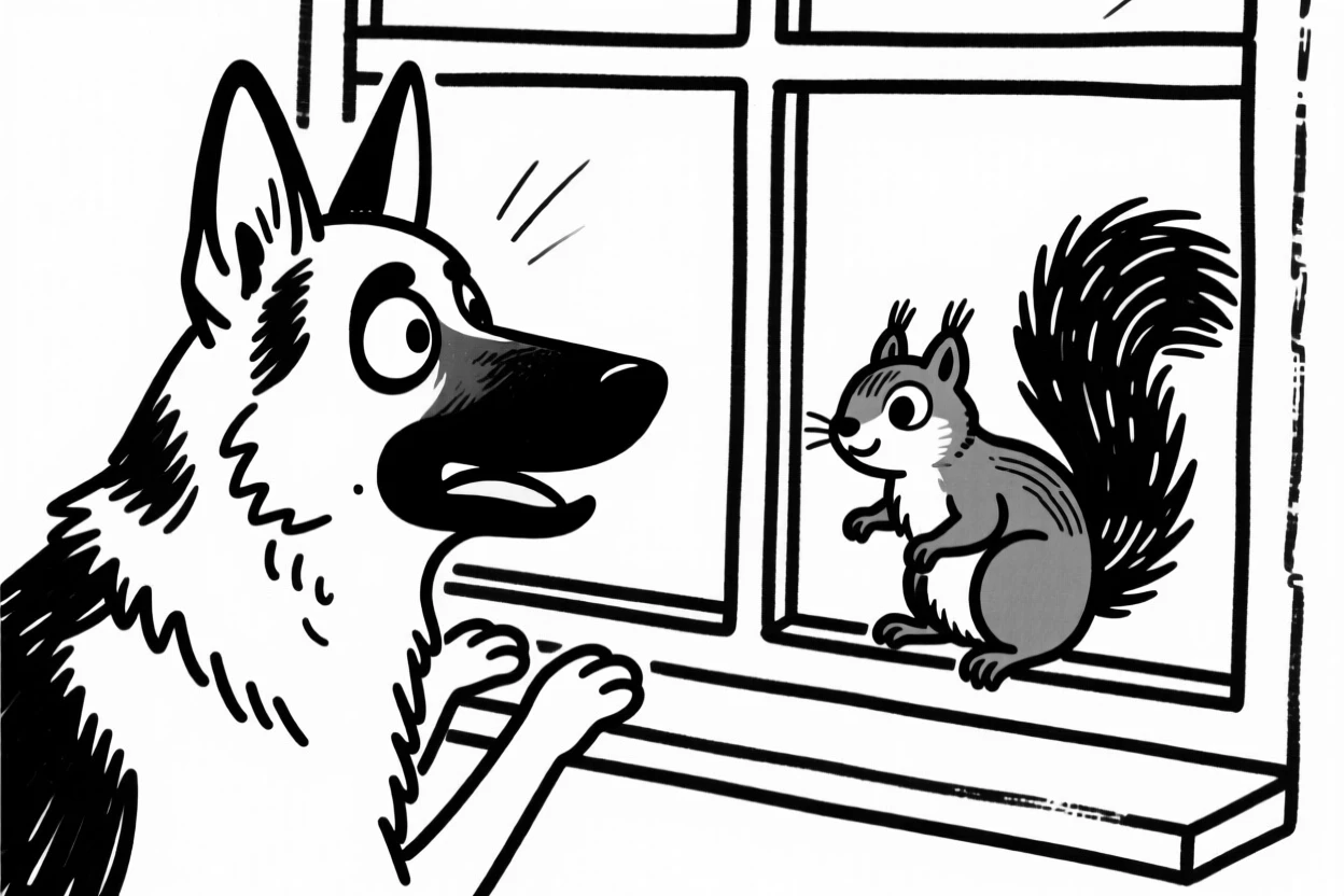 A german shepherd watching a squirrel through a window, paws pressed to the glass.