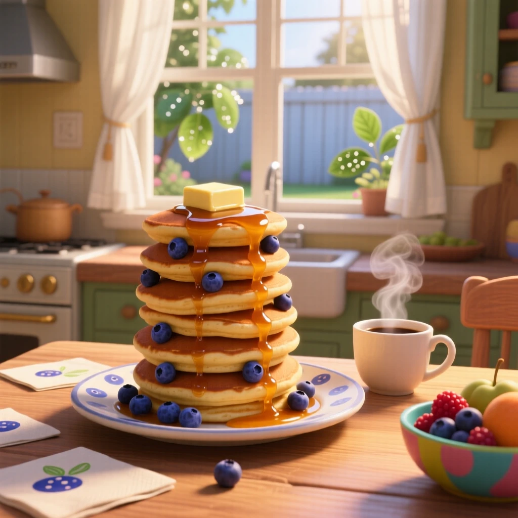 A towering stack of blueberry pancakes sits beside a window with morning light streaming in, next to a steaming cup of coffee. A comforting, homey feeling fills the moment.