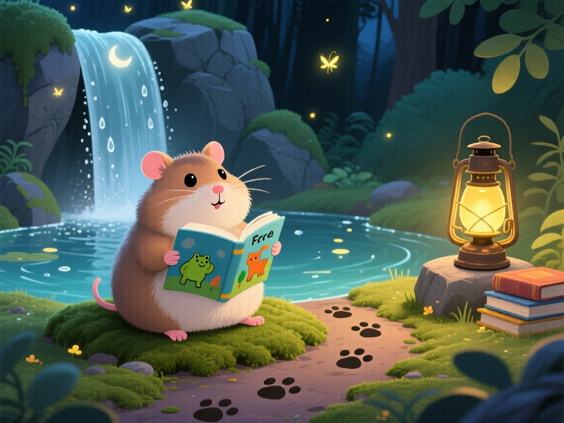 A plump hamster pauses from reading a picture book by lantern light to look up in a gentle waterfall, with tiny paw prints trailing behind.