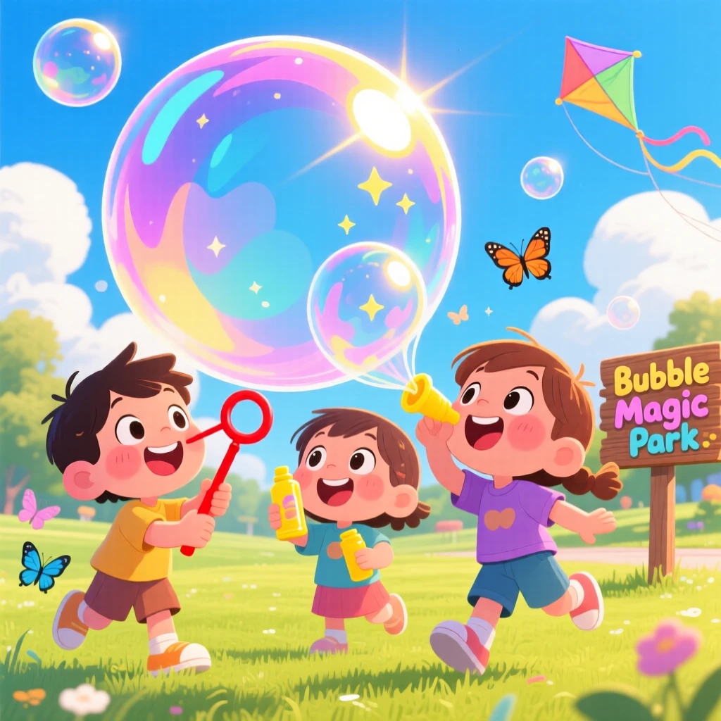 Children blowing giant bubbles that catch the afternoon light.