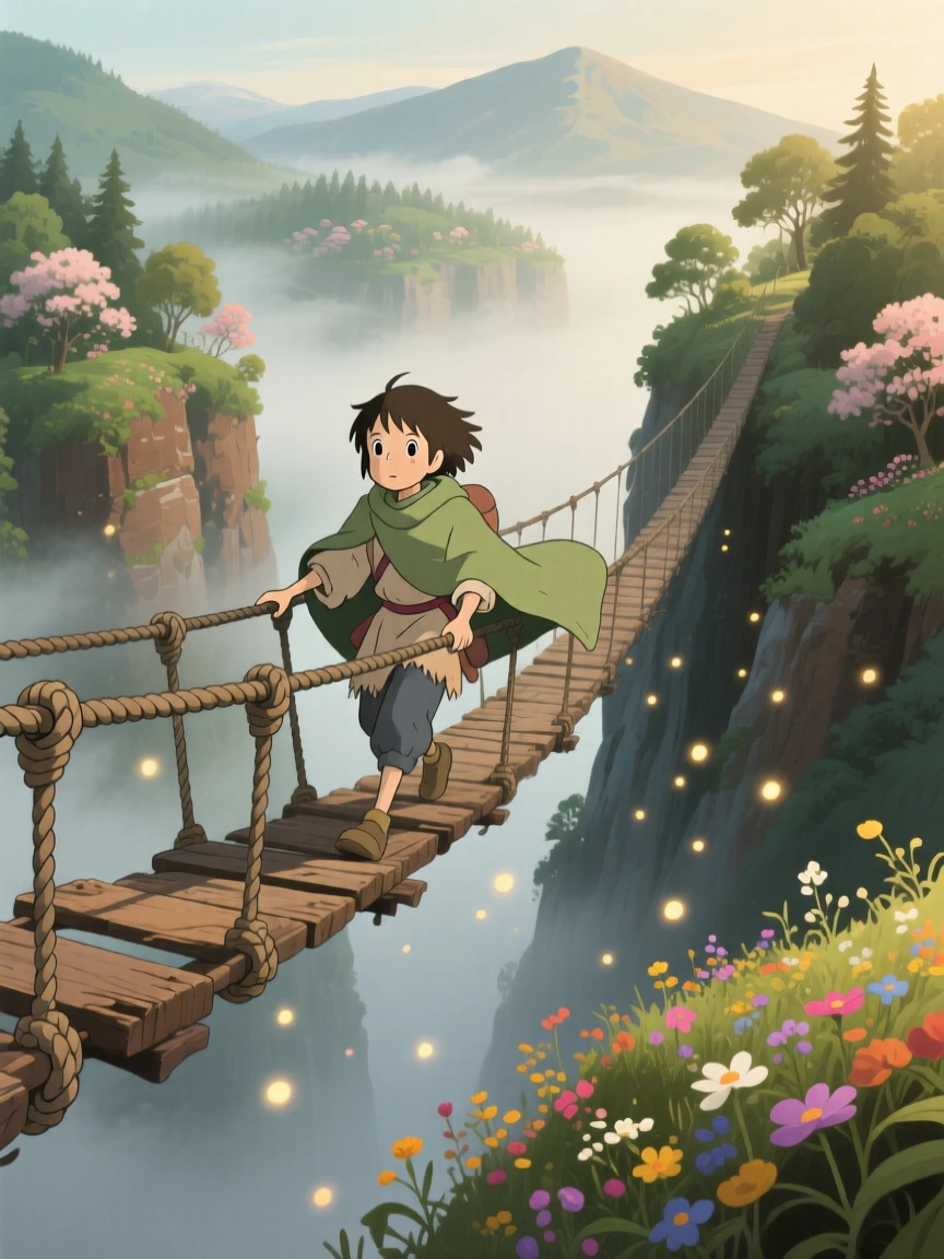 A traveler crossing a rope bridge over a misty canyon, the moment charged with curiosity.