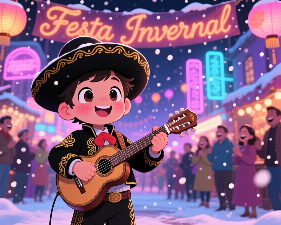A child mariachi performer strumming a tiny guitarrón in a festive plaza celebration during a cozy winter snowfall; neon-lit glow washes over the scene as giggling amusement fills the moment. Waist-up portrait.