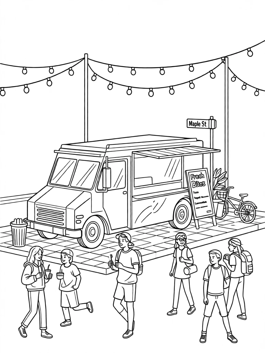 A food truck parked beneath string lights on a busy corner, with locals and travelers strolling nearby.
