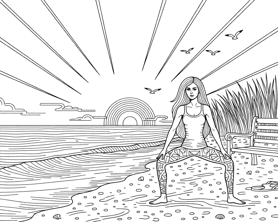 A woman doing a warrior pose on a beach at golden hour.
