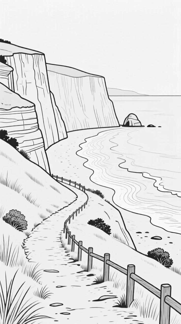A coastal cliffside path leading to a hidden secluded beach