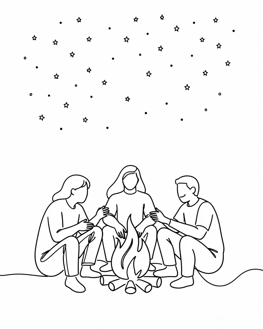 A group of friends around a campfire beneath a star-filled desert sky