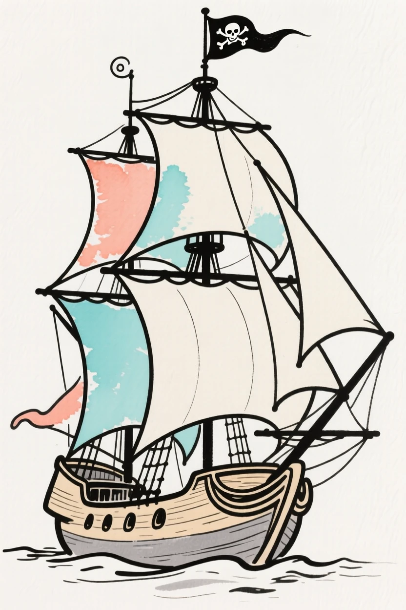 A pirate ship with billowing sails