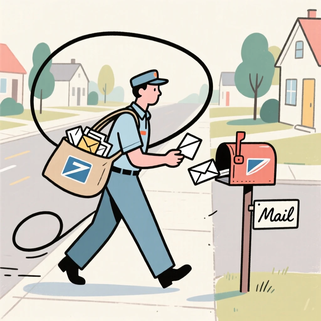 A mail carrier delivering letters along a quiet suburban street.