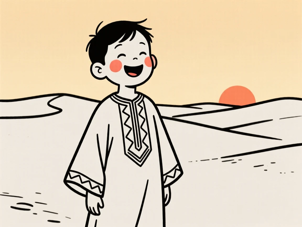 A little boy of Vietnamese heritage wearing a Moroccan kaftan, laughing joyfully, in a desert at golden hour.