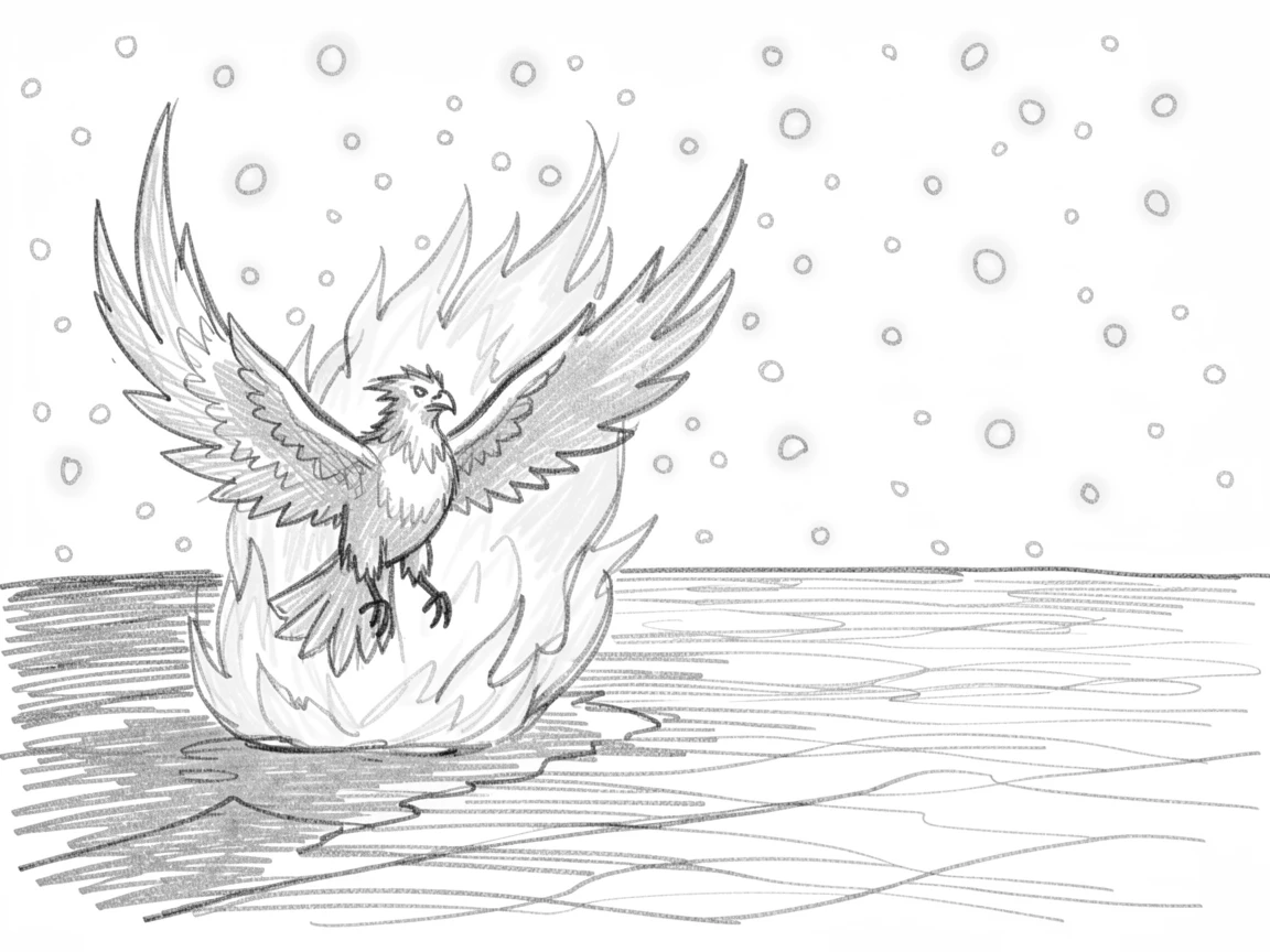 An epic fantasy scene of a phoenix rising in a burst of flame on the edge of an endless starlit ocean, with glowing spores floating like snow.
