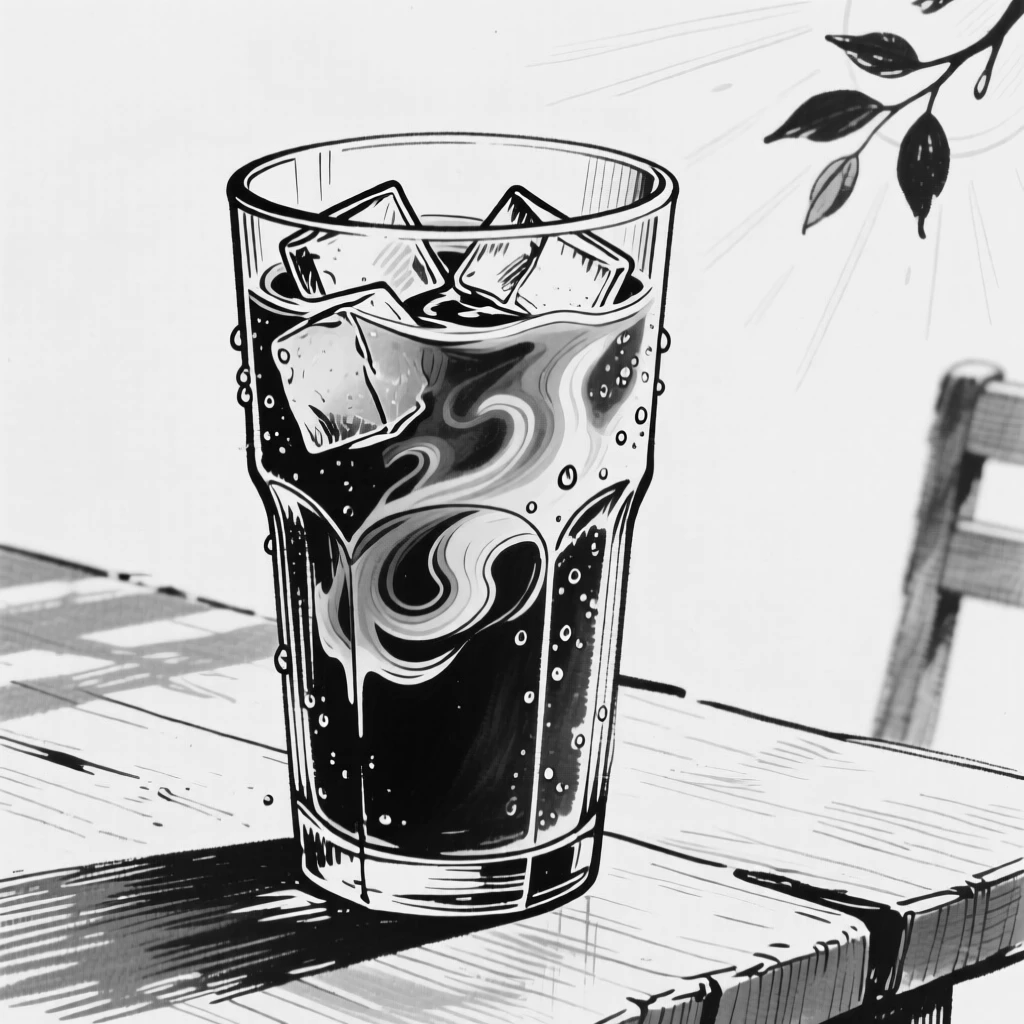 A glass of iced coffee with a swirl of cream on a warm summer day.