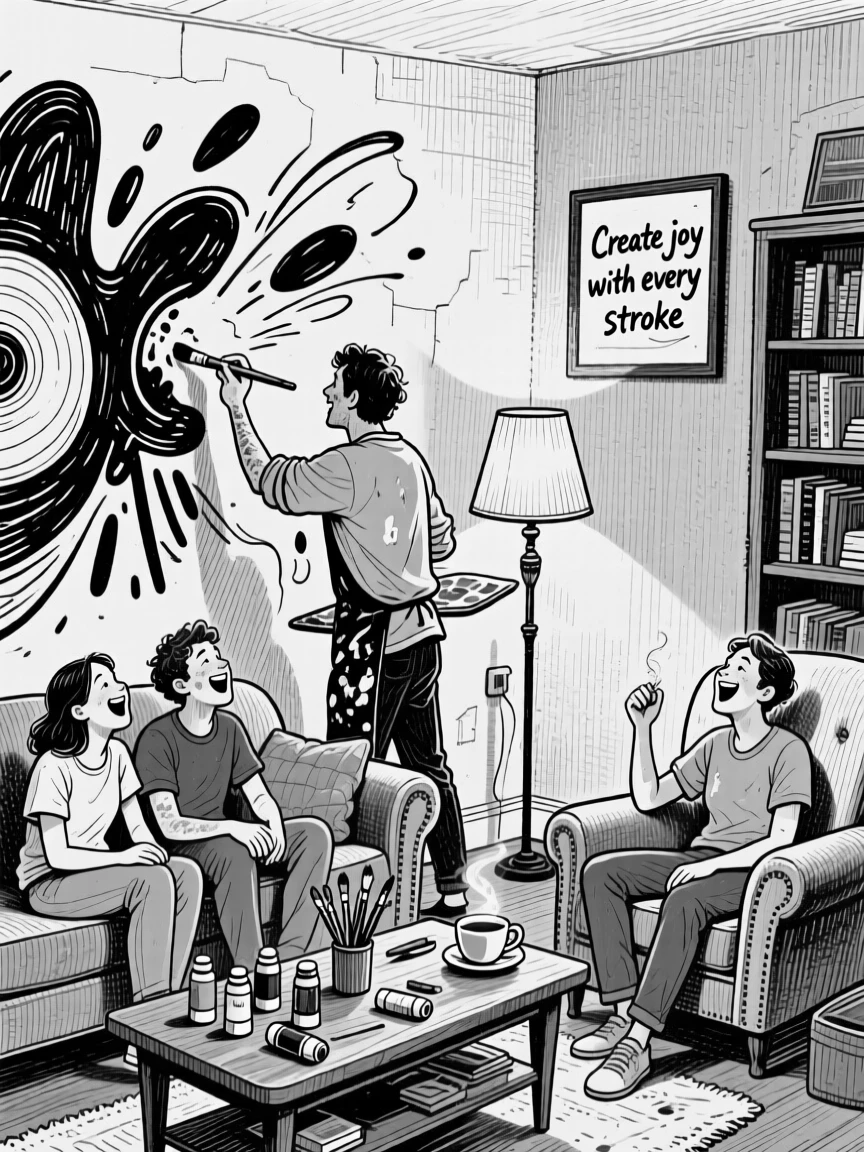 A street artist painting a mural within a warmly lit living room, with genuine laughter caught mid-moment, creating a wistfully sweet lifestyle scene.