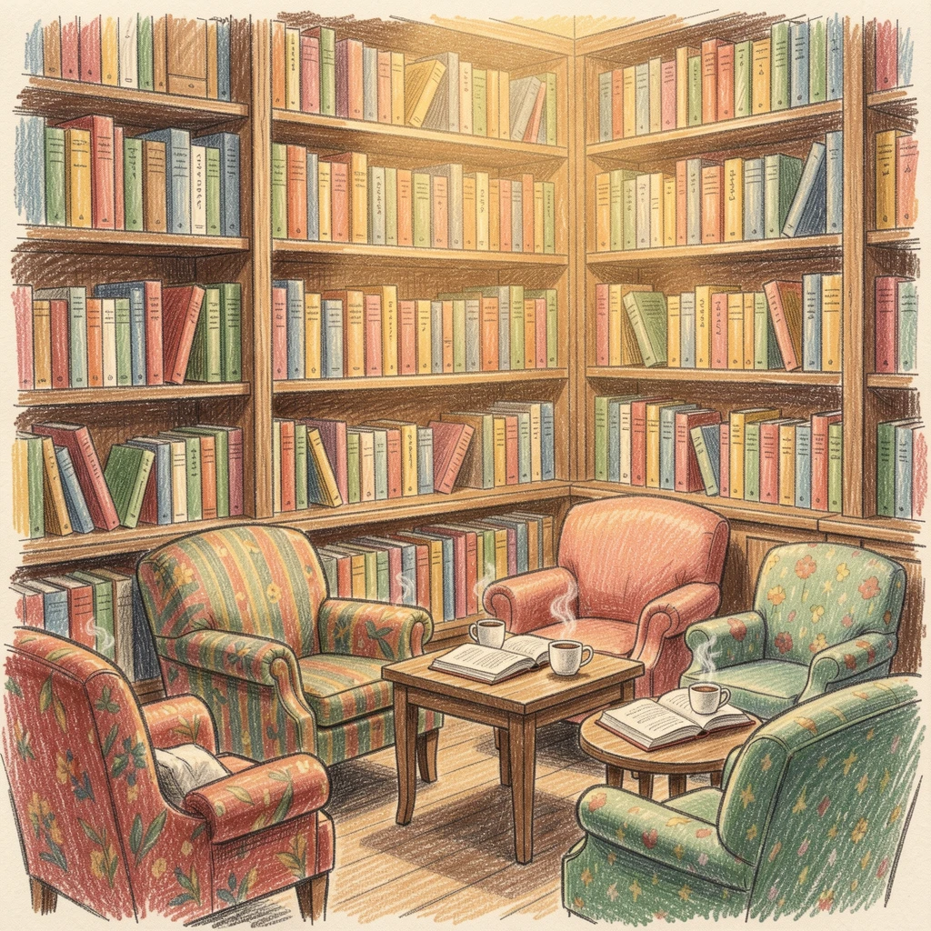 A cozy bookstore cafe with towers of books and mismatched armchairs, set against a softly lit, atmospheric backdrop, full of charm, emotion, and visual delight.