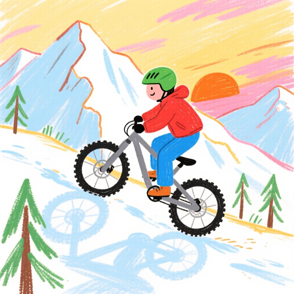A mountain biker crossing a snowy alpine ridge at sunrise.
