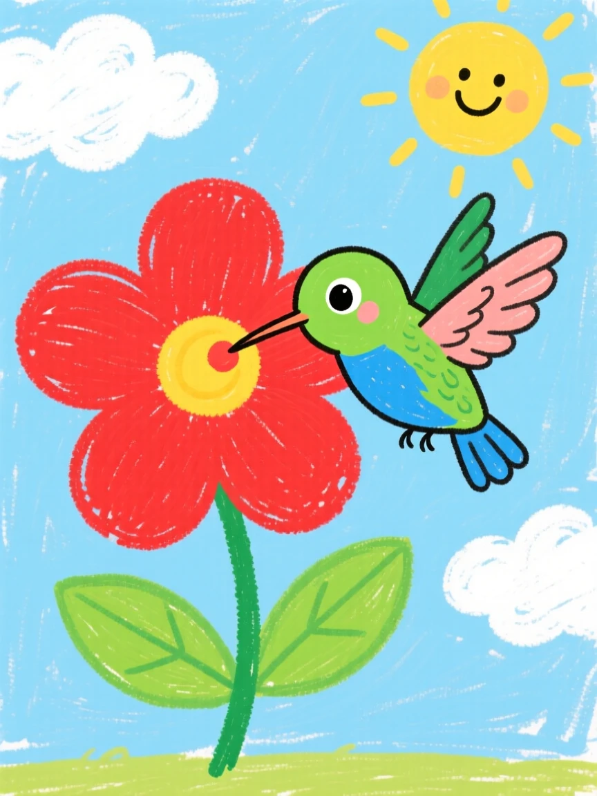 A hummingbird sipping nectar from a red flower.