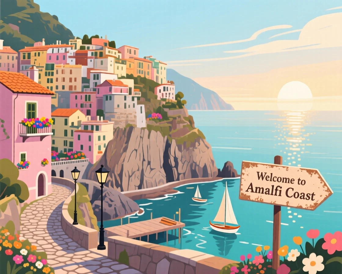 A dramatic cliffside village overlooking a sparkling sea, with soft morning light illuminating the scene, composed with a dreamy sense of wanderlust and adventure, with a nostalgic, postcard-like charm.