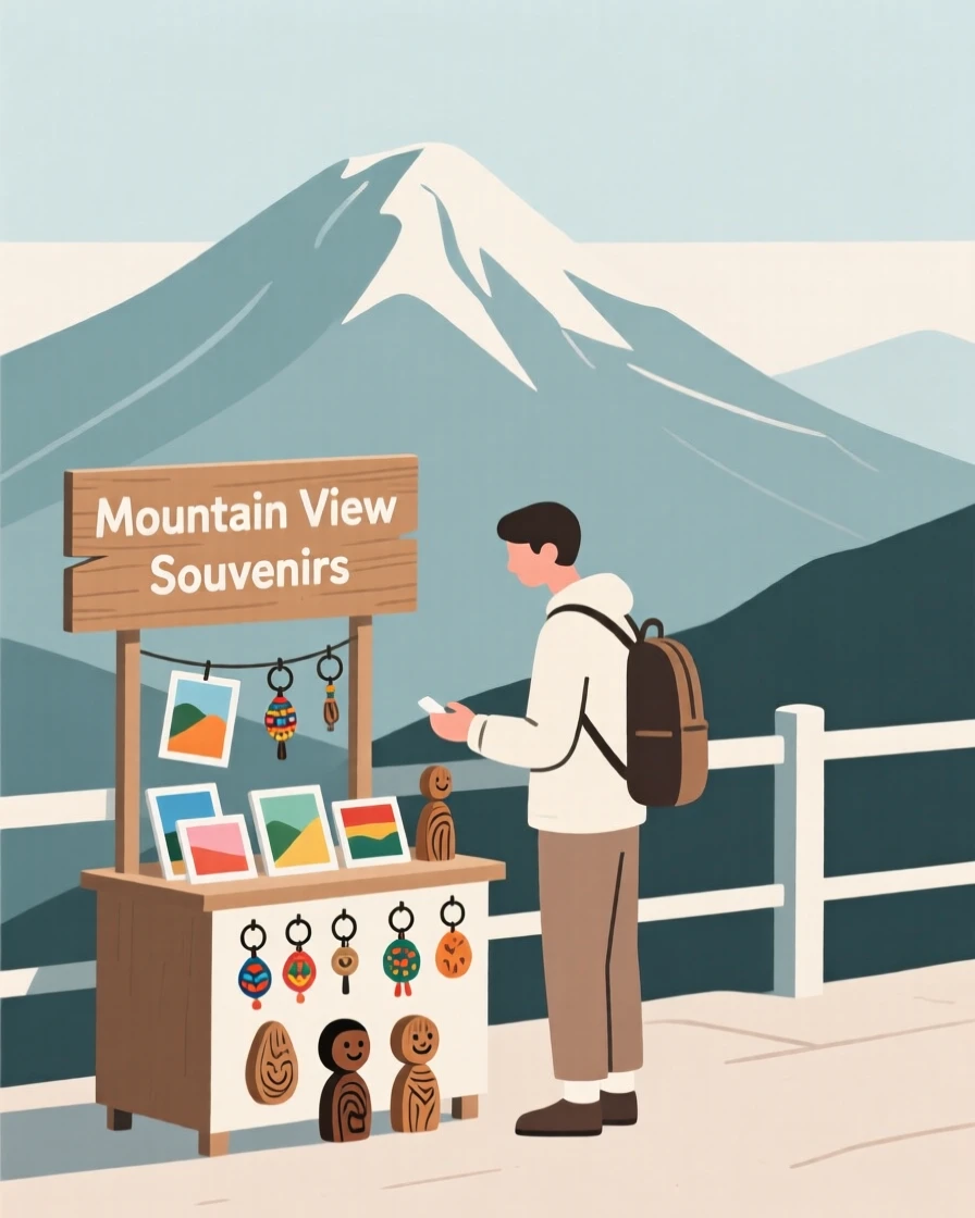 A traveler shopping for souvenirs near a mountain viewpoint.