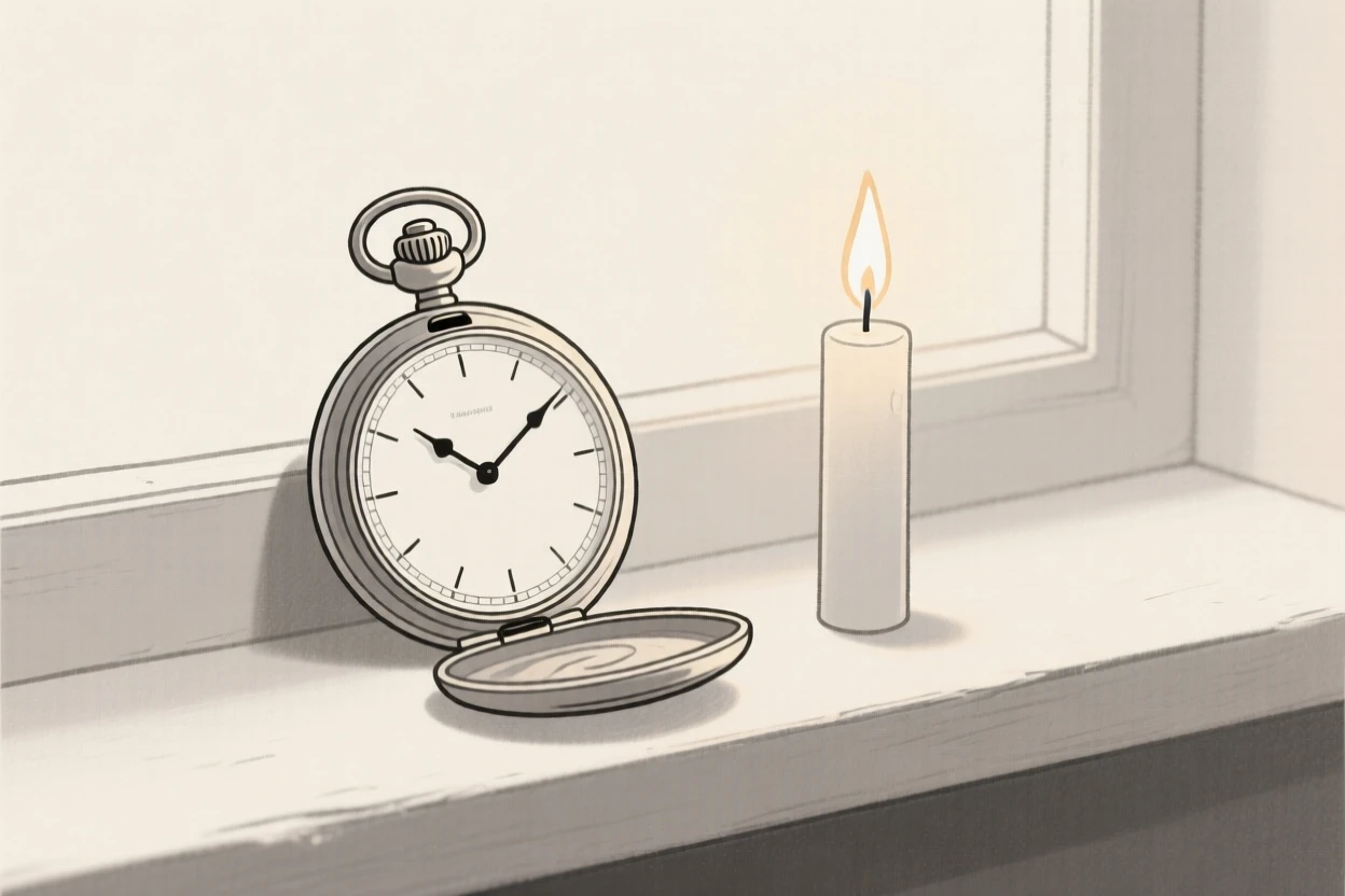 An antique pocket watch resting on a windowsill in soft light, surrounded by a burning candle, evoking gentle sentimentality.