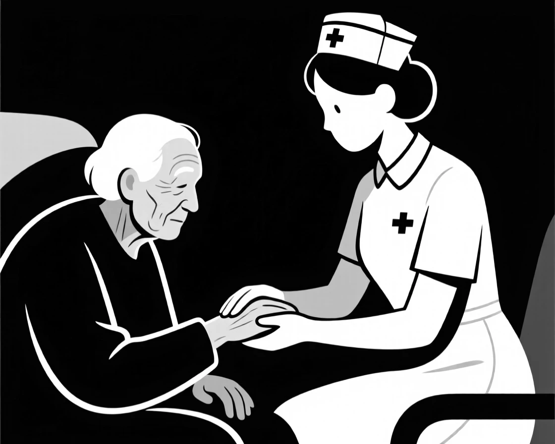 A nurse holding the hand of an elderly patient.