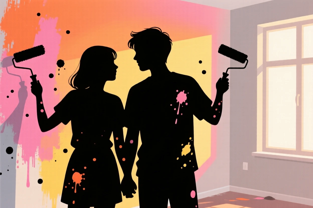 A young couple painting their first apartment together, both dotted with paint.