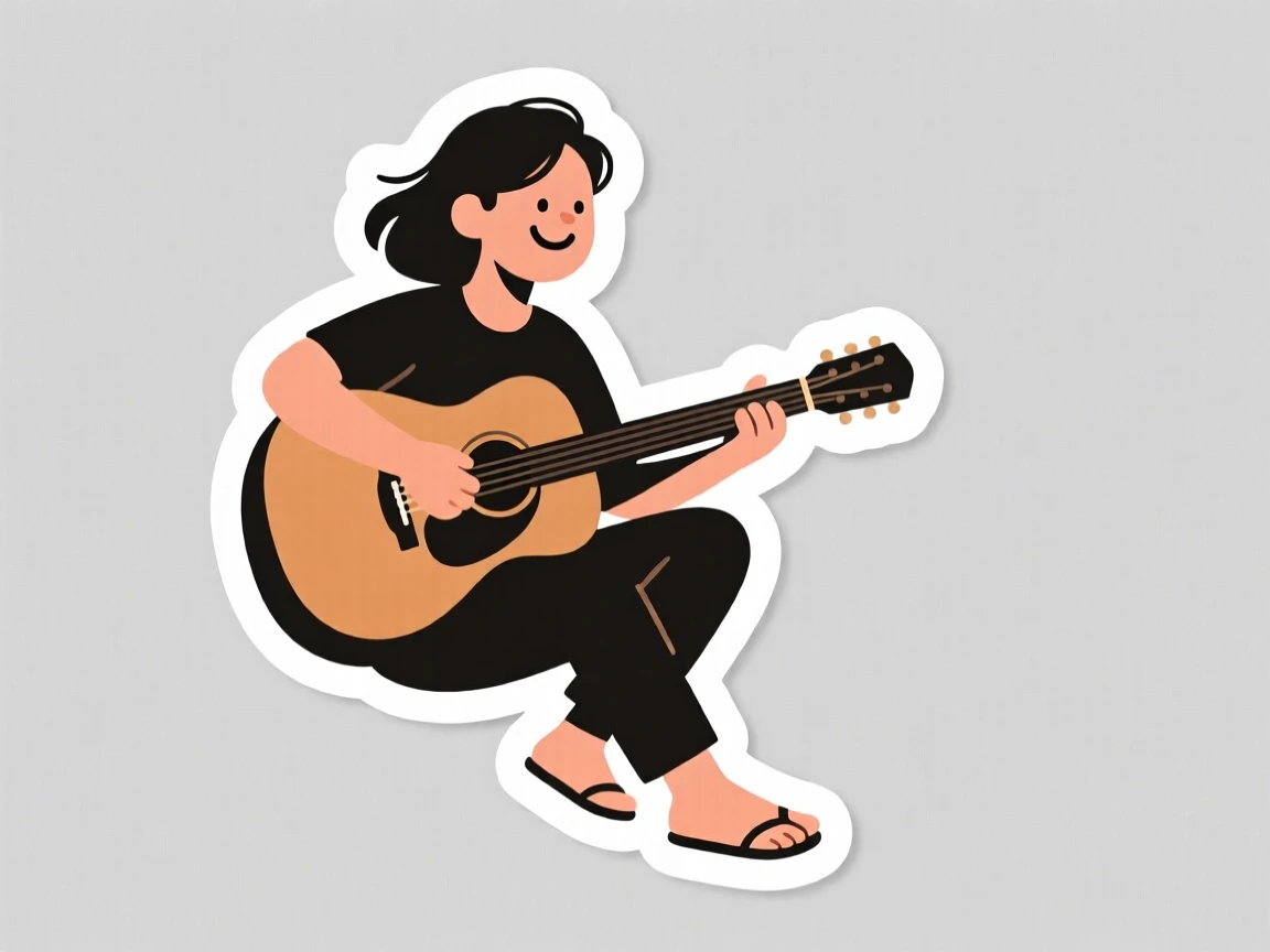 A peacefully immersed musician playing an acoustic guitar, with a warm smile of accomplishment, on a quiet weekend afternoon.