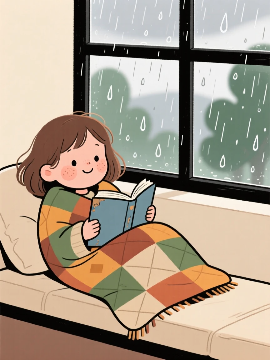 A little girl curls up in a window seat beside a rain-streaked window, wrapped in a patchwork blanket while reading a worn paperback.
