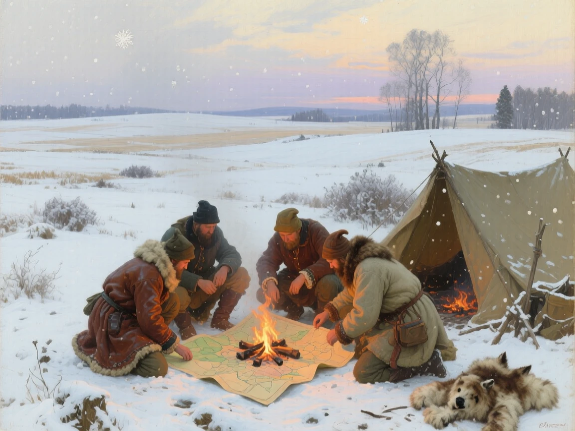 A broad landscape view of a group of explorers studying a weathered map beside a campfire, in the Russian countryside, in gentle falling snow.