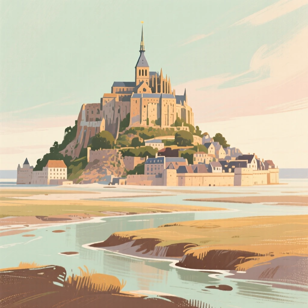 A view of Mont Saint-Michel rising from the tidal flats