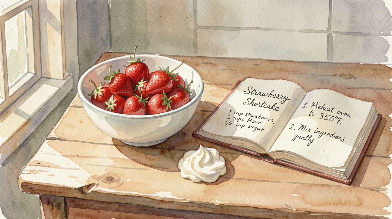 A bowl of fresh strawberries and cream on a farmhouse kitchen table next to an open cookbook.
