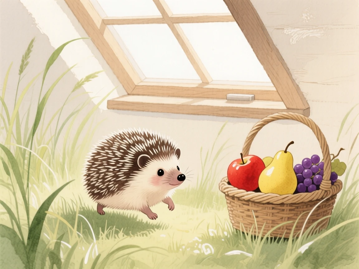A baby hedgehog hops through tall grass in a cozy attic window, beside a basket of ripe fruit