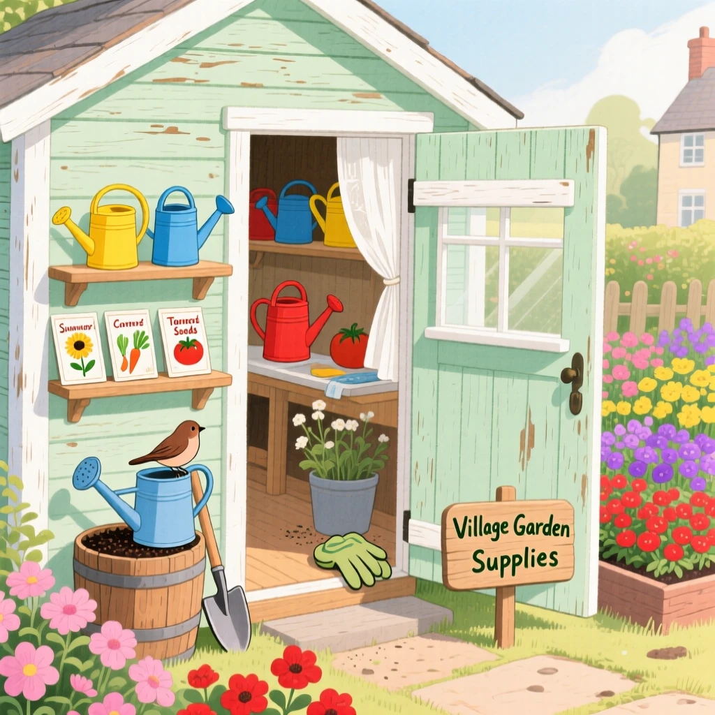A garden shed filled with watering cans and seed packets, bustling gently with everyday village life.
